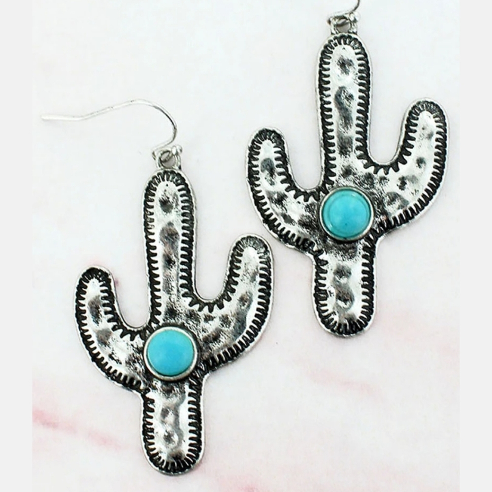 Turquoise Silvertone Scottsdale Cactus Earrings.